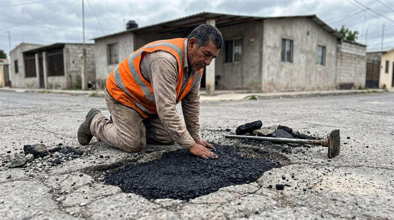 Trabajador aplicando mezcla asfáltica en frío en bache