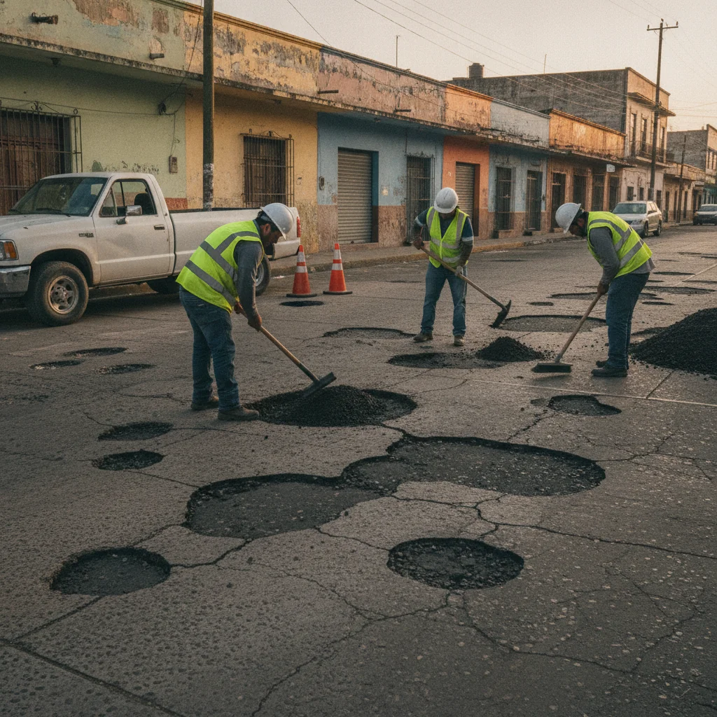 Cuadrilla municipal reparando baches en Irapuato