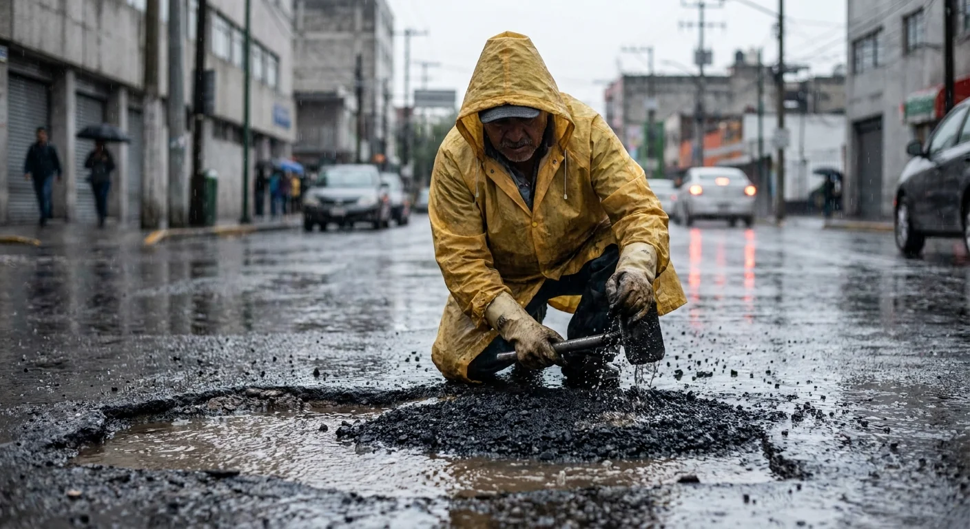 Trabajador aplicando asfalto bajo la lluvia