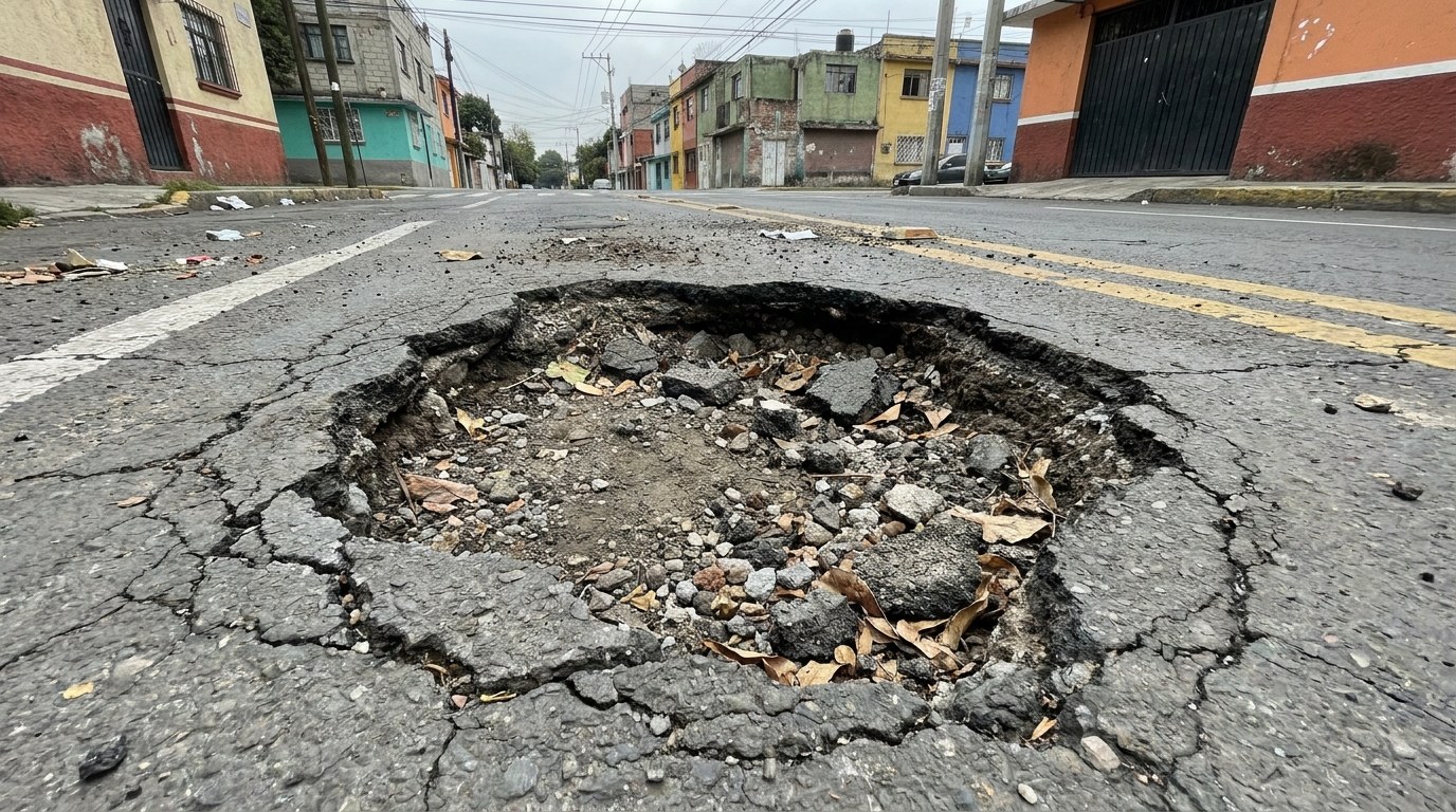 Bache irregular y profundo en calle de México — guía de precios de asfalto en frío 2026