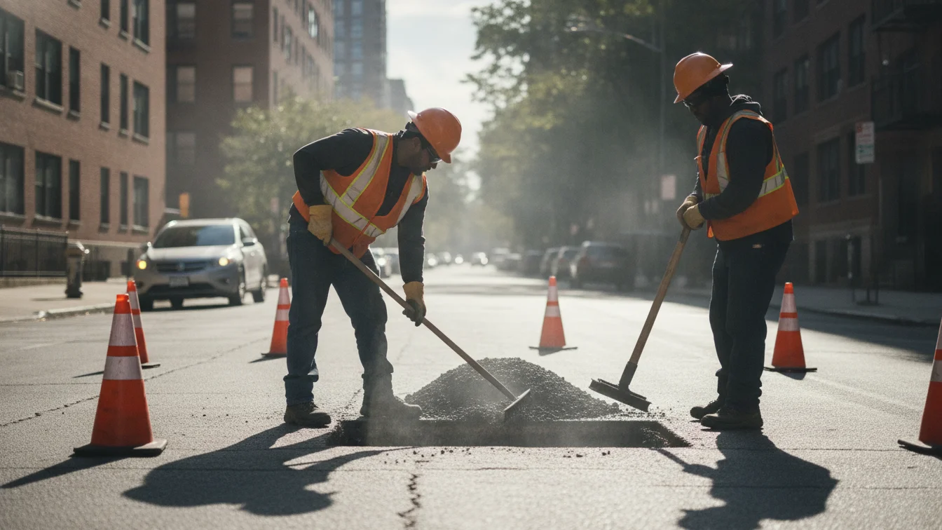 Cuadrilla de dos personas realizando bacheo en una vialidad urbana