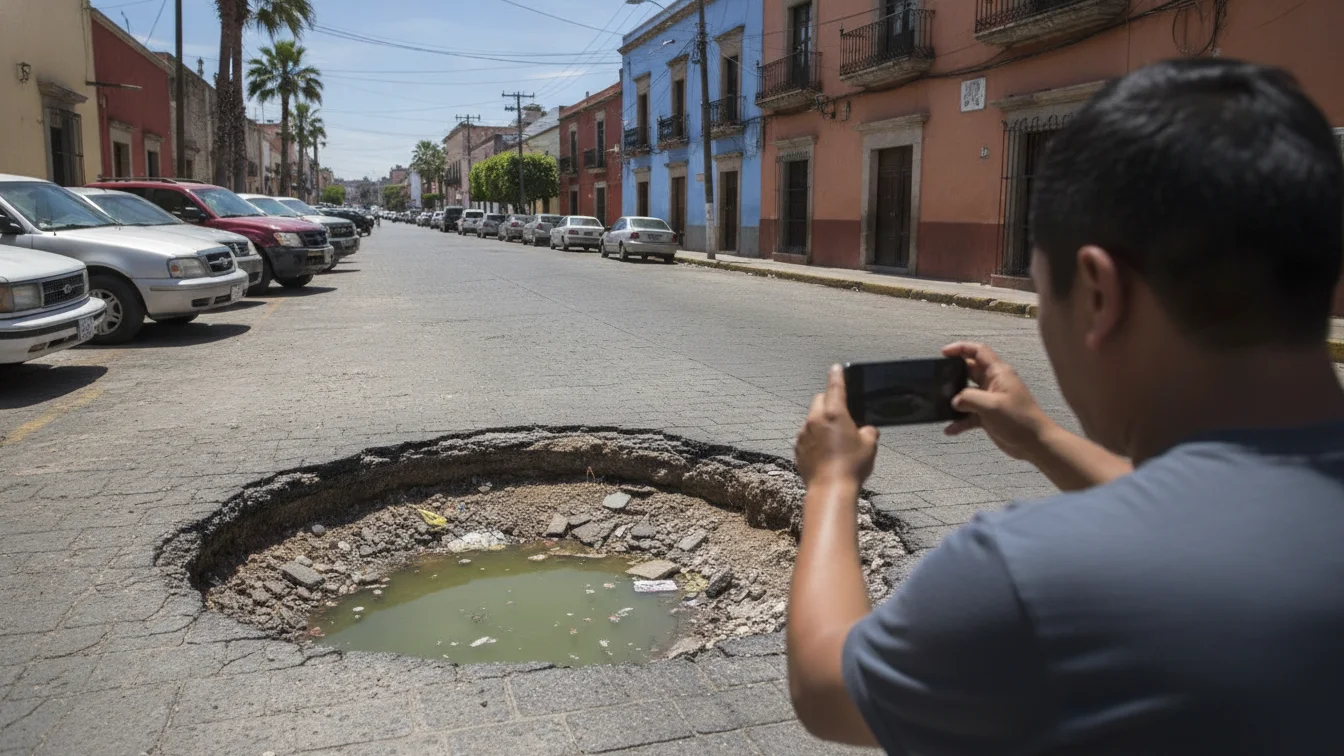 Persona fotografiando un bache en la calle con su teléfono para reportarlo