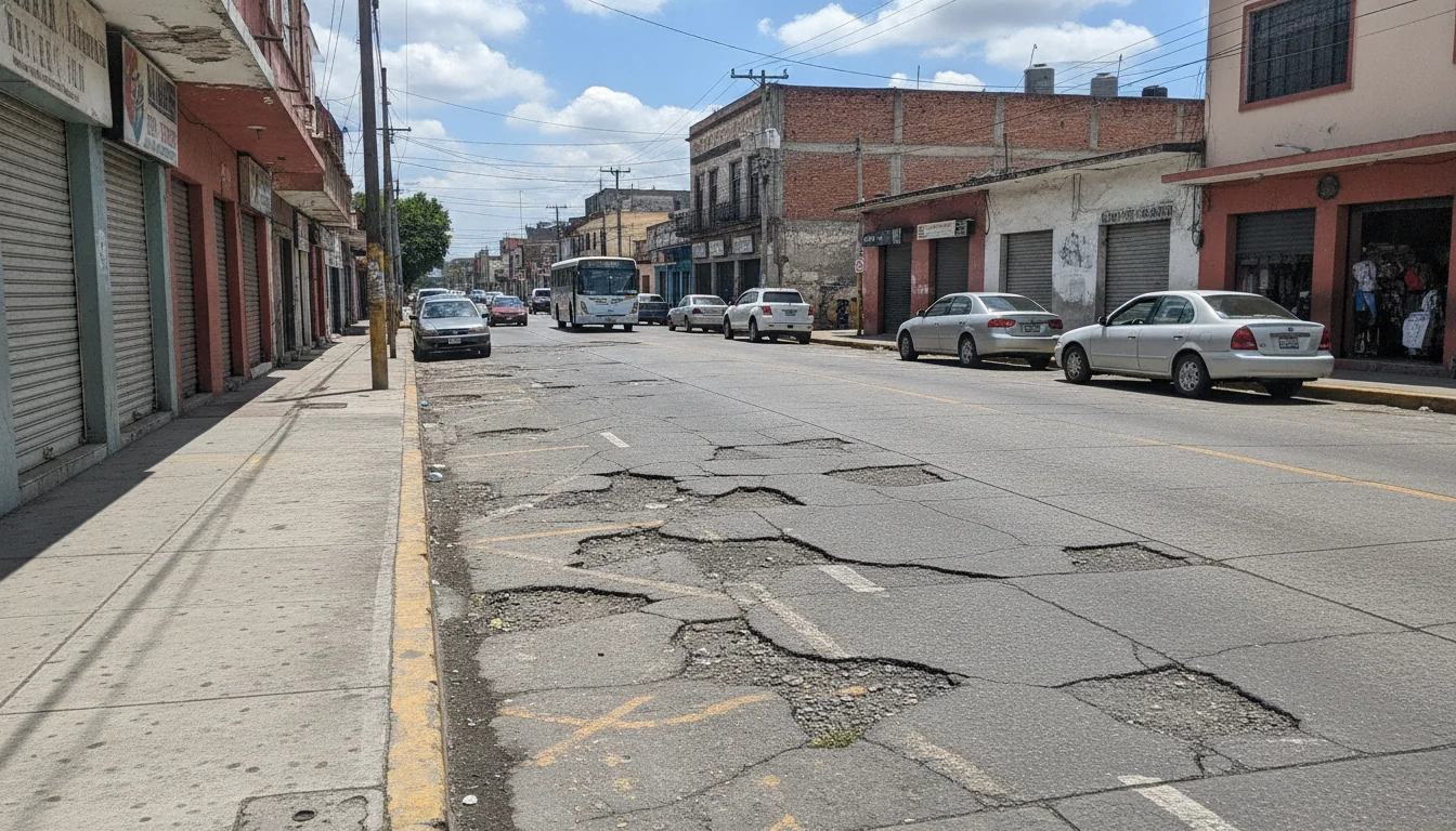 Calle con baches en León, Guanajuato, lista para ser reportada y reparada