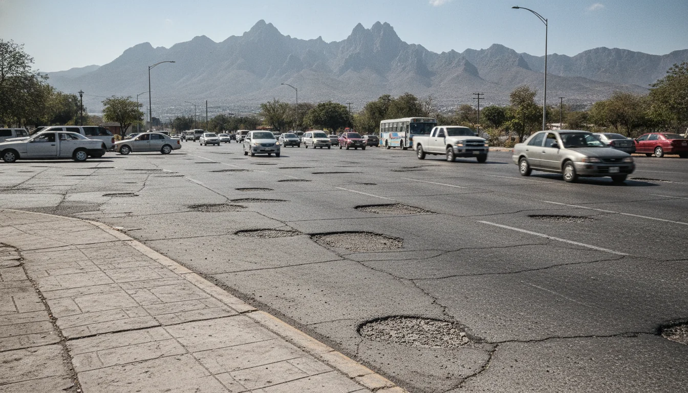 Calle con baches en Monterrey, Nuevo León, lista para ser reportada y reparada