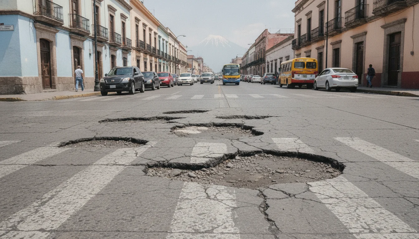 Calle con baches en Puebla, Puebla, lista para ser reportada y reparada