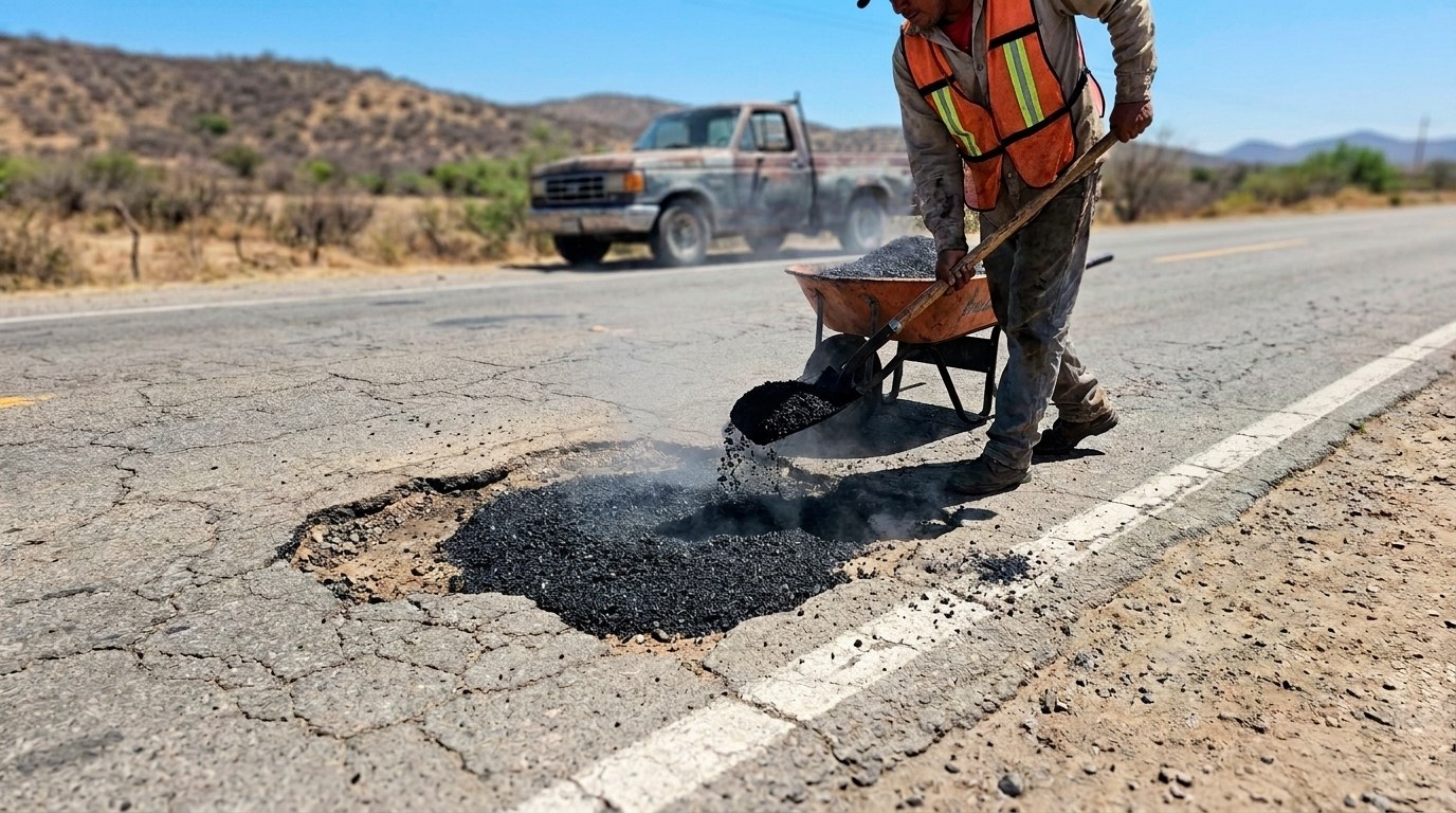 Cuadrilla de bacheo en carretera mexicana — mezcla asfáltica en frío vs caliente