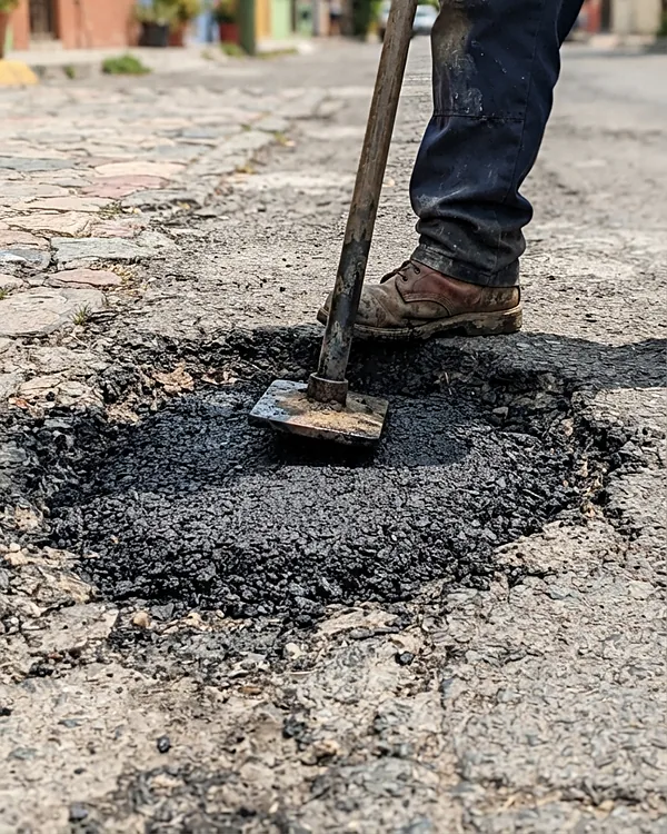 Compactando la mezcla asfáltica en frío con un pisón de mano