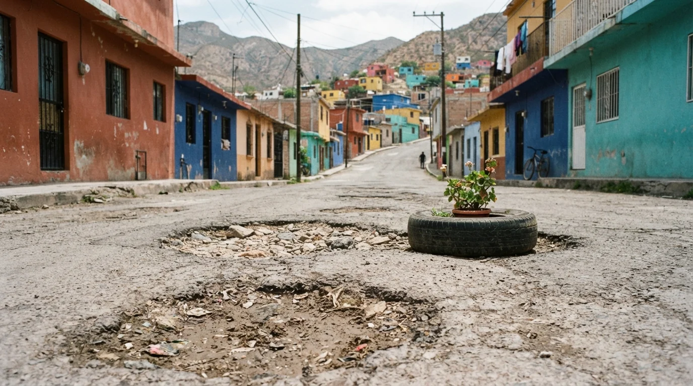 Calle de México con baches tapados con tierra, piedras y una llanta con maceta